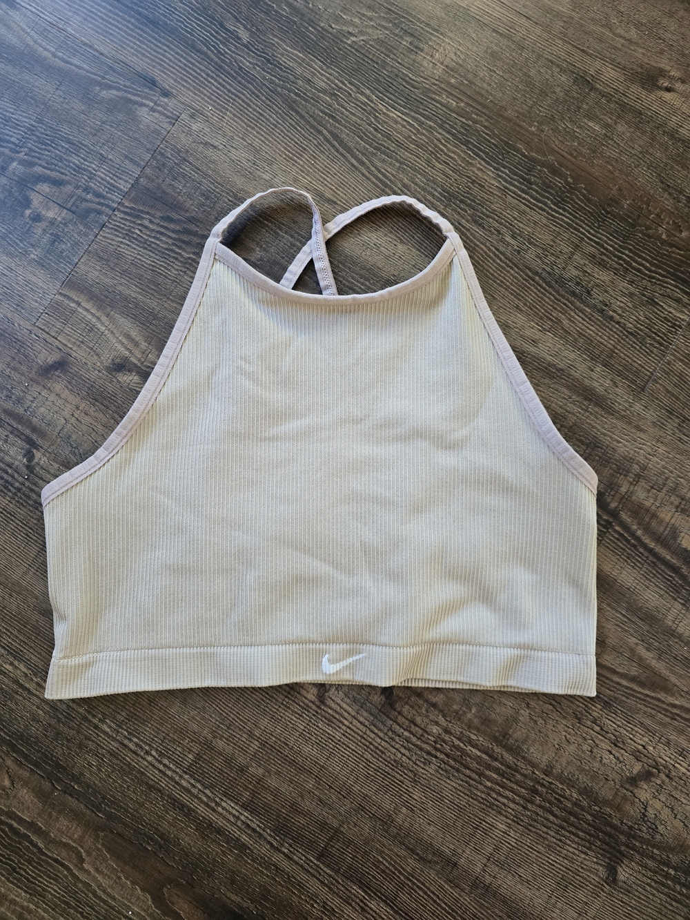Nike Ribbed Cropped Sports Bra Tank - Light Beige with Pink Trim
